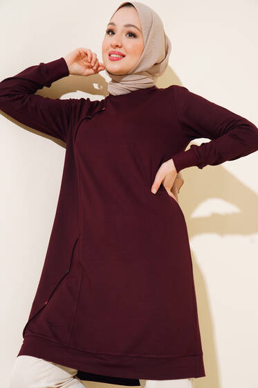 Düğme Detaylı Uzun Tunik Bordo - Tunik