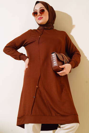 Düğme Detaylı Uzun Tunik Kahve - Tunik