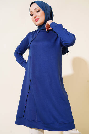 Düğme Detaylı Uzun Tunik Lacivert - Tunik
