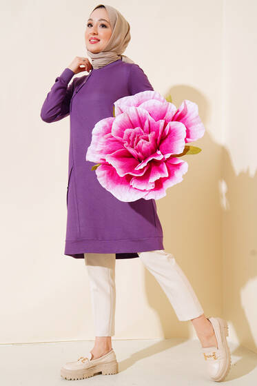 Düğme Detaylı Uzun Tunik Mor - Tunik