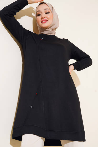 Düğme Detaylı Uzun Tunik Siyah - Tunik
