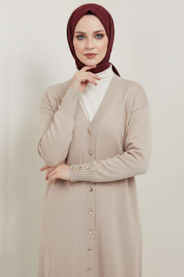 Düğme Detaylı V Yaka Triko Hırka Bej 