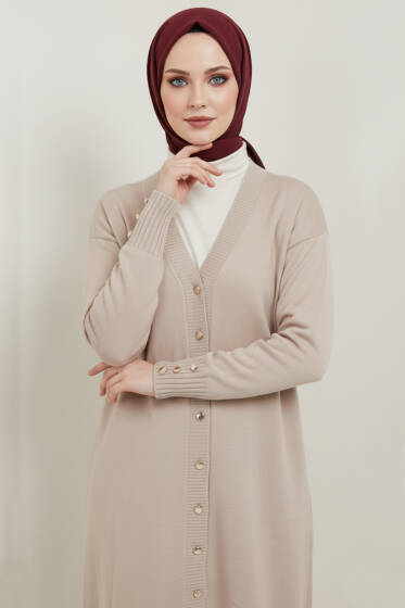 Düğme Detaylı V Yaka Triko Hırka Bej - Hırka