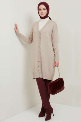 Düğme Detaylı V Yaka Triko Hırka Bej - Hırka