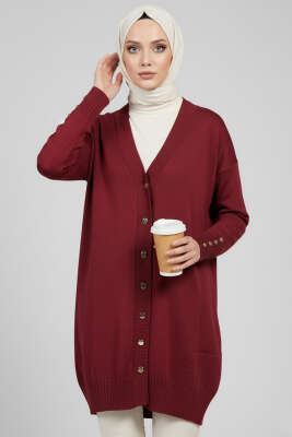 Düğme Detaylı V Yaka Triko Hırka Bordo 