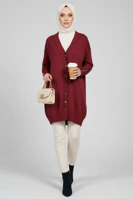 Düğme Detaylı V Yaka Triko Hırka Bordo - Hırka