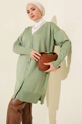 Düğme Detaylı V Yaka Triko Hırka Çağla Yeşili 