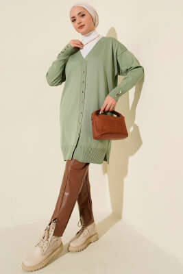 Düğme Detaylı V Yaka Triko Hırka Çağla Yeşili - Yılın Fırsatı
