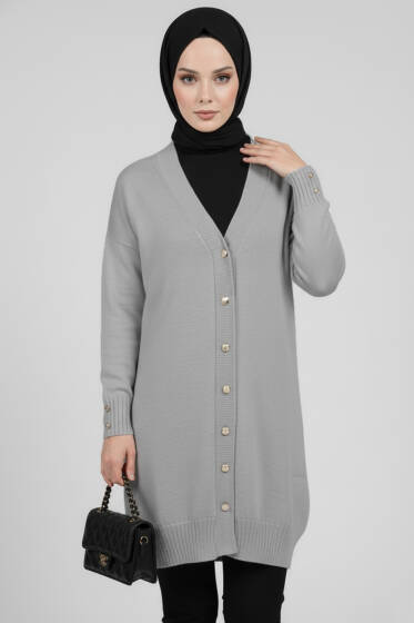 Düğme Detaylı V Yaka Triko Hırka Gri - Yılın Fırsatı