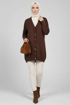 Düğme Detaylı V Yaka Triko Hırka Kahve - Yılın Fırsatı