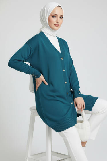 Düğme Detaylı V Yaka Triko Hırka Petrol Yeşili - Hırka