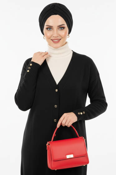 Düğme Detaylı V Yaka Triko Hırka Siyah - Hırka