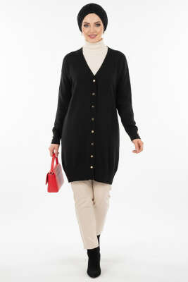 Düğme Detaylı V Yaka Triko Hırka Siyah - Yılın Fırsatı