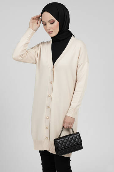 Düğme Detaylı V Yaka Triko Hırka Taş - Hırka