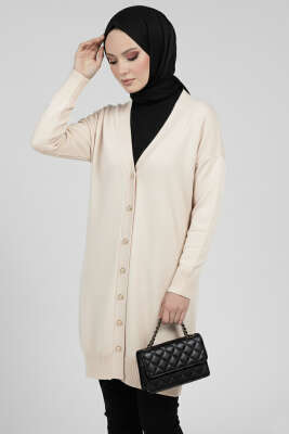 Düğme Detaylı V Yaka Triko Hırka Taş 