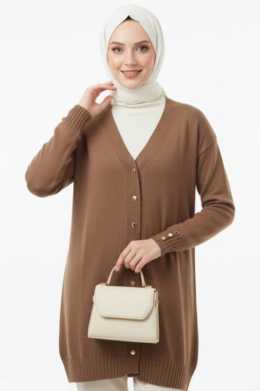 Düğme Detaylı V Yaka Triko Hırka Vizon - Hırka