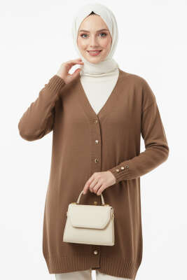 Düğme Detaylı V Yaka Triko Hırka Vizon 