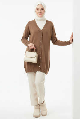 Düğme Detaylı V Yaka Triko Hırka Vizon - Yılın Fırsatı