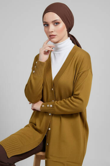 Düğme Detaylı V Yaka Triko Hırka Yağ Yeşili - Hırka