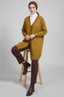 Düğme Detaylı V Yaka Triko Hırka Yağ Yeşili - Yılın Fırsatı