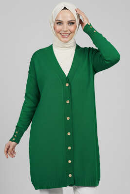 Düğme Detaylı V Yaka Triko Hırka Zümrüt 