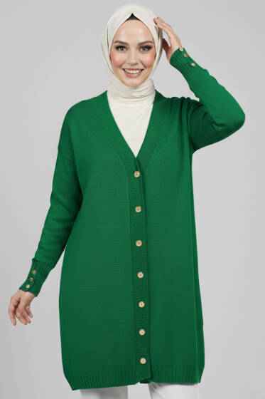 Düğme Detaylı V Yaka Triko Hırka Zümrüt - Yılın Fırsatı