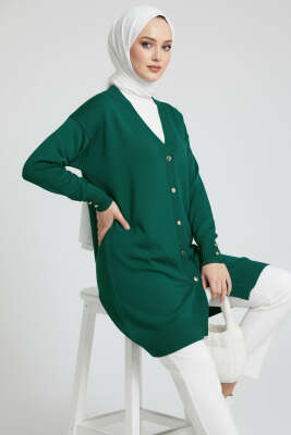 Düğme Detaylı V Yaka Triko Hırka Zümrüt 