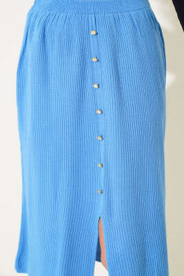 Düğme Detaylı Yırtmaçlı Triko Midi Etek İndigo - Kadın Giyim Modelleri