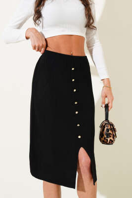 Düğme Detaylı Yırtmaçlı Triko Midi Etek Siyah - Kadın Giyim Modelleri