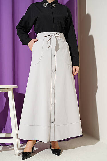 Düğme Görünümlü Bağlamalı Etek Gri - Etek