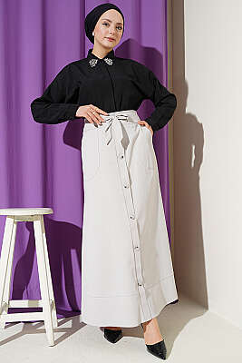 Düğme Görünümlü Bağlamalı Etek Gri - Etek