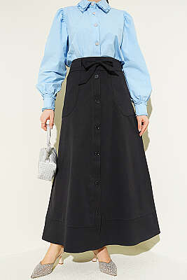 Düğme Görünümlü Bağlamalı Etek Siyah - ALİ AKKAYA