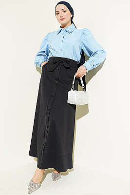 Düğme Görünümlü Bağlamalı Etek Siyah - Etek