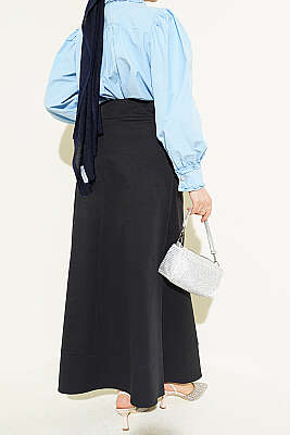 Düğme Görünümlü Bağlamalı Etek Siyah - Etek