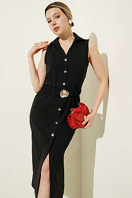 Düğme Görünümlü Kolsuz Midi Elbise Siyah - Kadın Giyim Modelleri