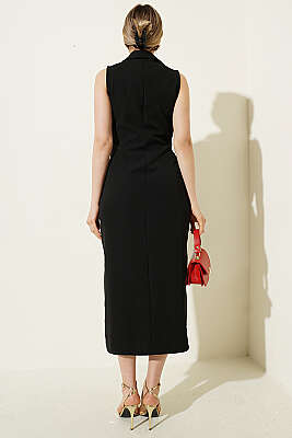 Düğme Görünümlü Kolsuz Midi Elbise Siyah - Kadın Giyim Modelleri