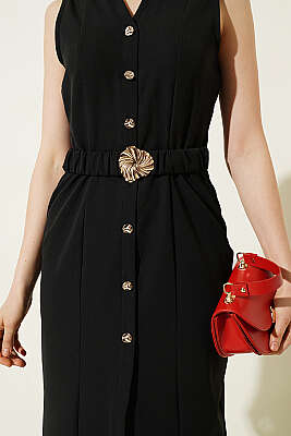 Düğme Görünümlü Kolsuz Midi Elbise Siyah - Kadın Giyim Modelleri