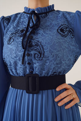 Düğme Süslemeli Dantel Detay Şifon Elbise İndigo - Thumbnail