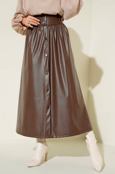 Düğme Süslemeli Deri Etek Kahve - Uzun Etek