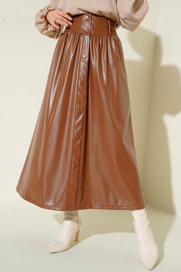 Düğme Süslemeli Deri Etek Taba - Uzun Etek