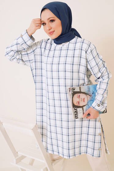 Düğme Süslemeli Ekose Tunik İndigo - Tunik