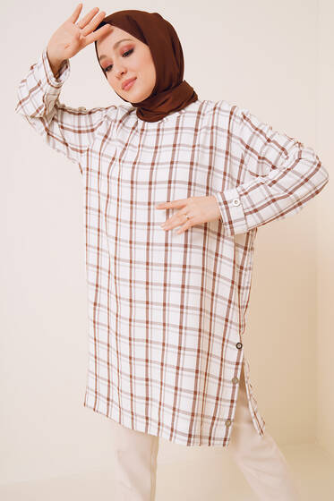Düğme Süslemeli Ekose Tunik Kahve - Tunik
