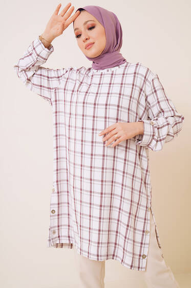 Düğme Süslemeli Ekose Tunik Lila - Tunik