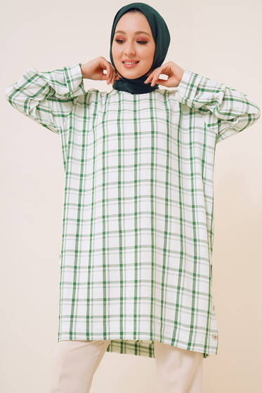 Düğme Süslemeli Ekose Tunik Yeşil - Tunik