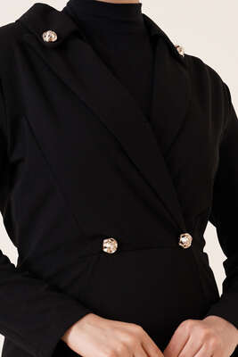 Düğme Süslemeli Elbise Siyah - Thumbnail