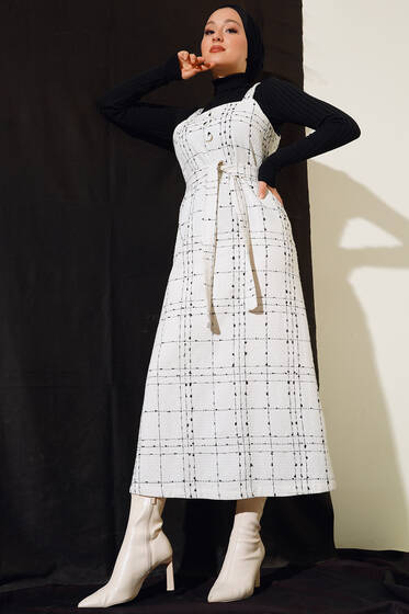 Düğme Süslemeli Jile Elbise Ekru - Tesettür Elbise