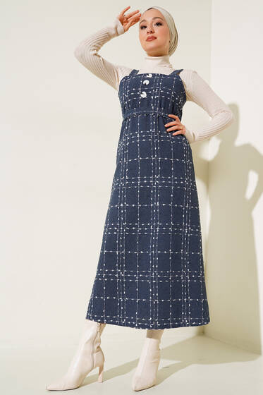 Düğme Süslemeli Jile Elbise İndigo - Tesettür Elbise