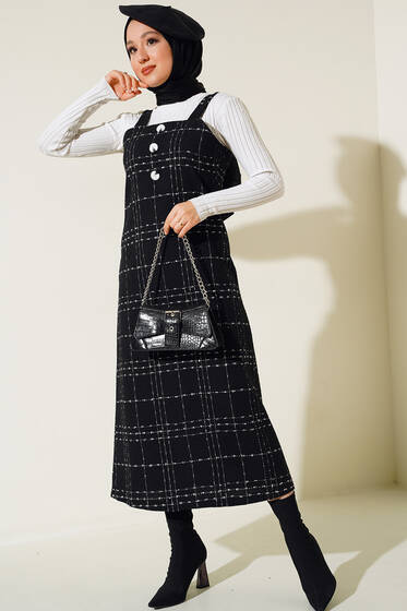 Düğme Süslemeli Jile Elbise Siyah - Tesettür Elbise