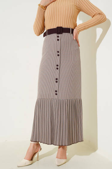 	 Düğme Süslemeli Mini Kare Etek Kahve - Etek