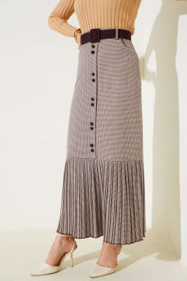 	 Düğme Süslemeli Mini Kare Etek Kahve - Uzun Etek